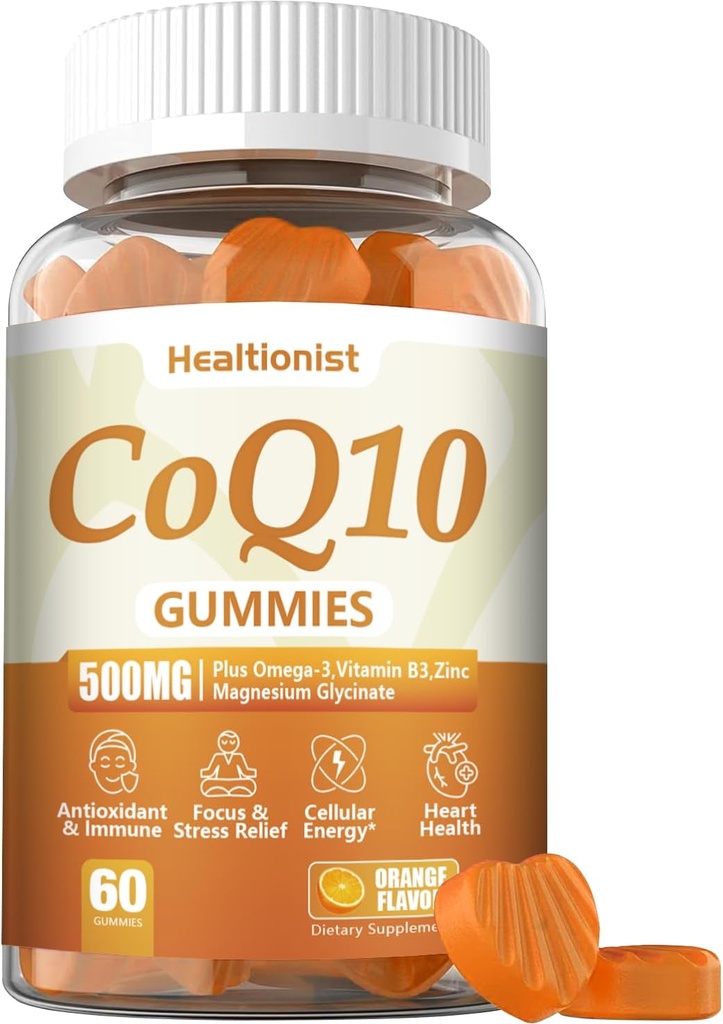 1 Pack 500MG Coq10 Gummies - 3X bedre Absorption, Plus Omega-3, Magnesium, Vitamin B3 & Zink - Coenzym Q10 Kosttilskud til hjertesygdomme, Cellular Energy & Antioxidant, Vegan, 60 Counts