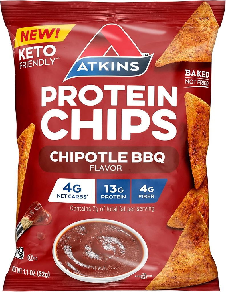 Atkins Chipotle BBQ Protein Chips, 4g Net Carbs, 13g Protein, Gluten Free, Low Glycemic, Keto Friendly, 12 Greve