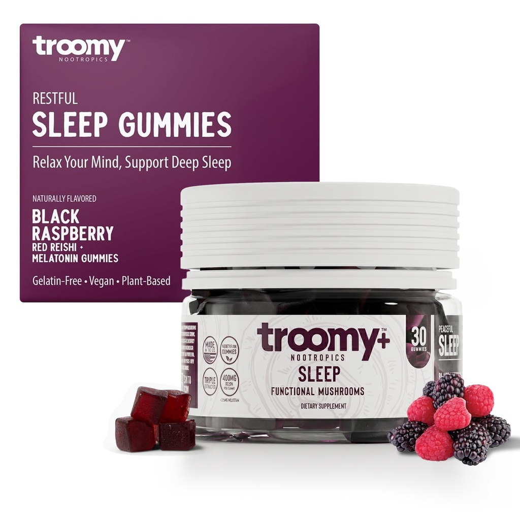 Troomy Sleep Gummies for Adults and Kids, Great Tasting Black Raspberry, Red Reishi Mushroom, Easy Restful Natural Sleep Aid, 30 Count
