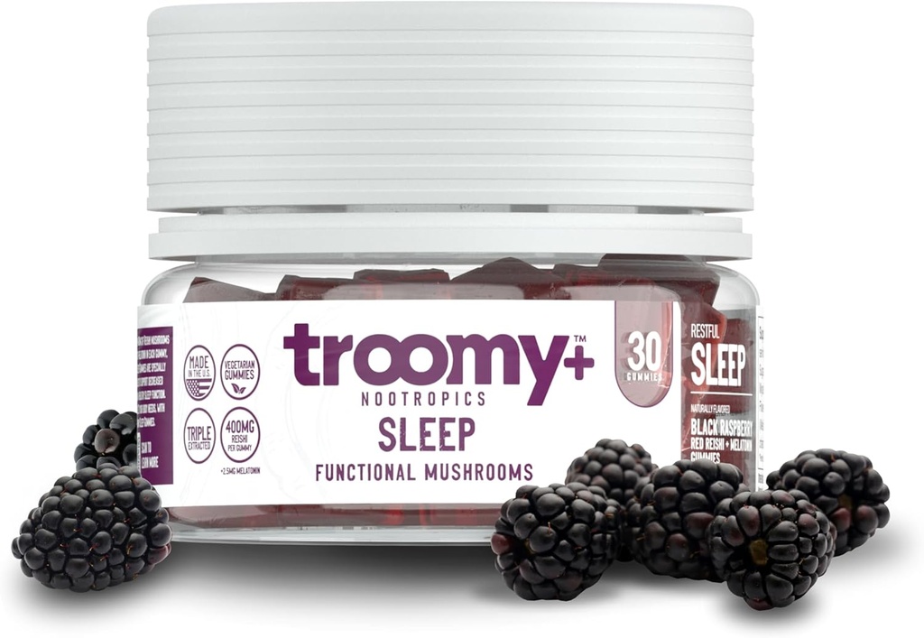 Troomy Sleep Reishi + Melatonin Great Tasting Mushroom Gummies - Understøtter Rastful Sleep - Sort Hindbær - 30 Greve