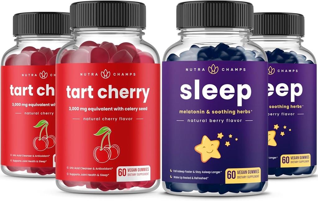 NutraChamps Tart Cherry (2 Pack) & Sleep Gummies (2 Pack) Bundlle til Sleep & Muscle Support