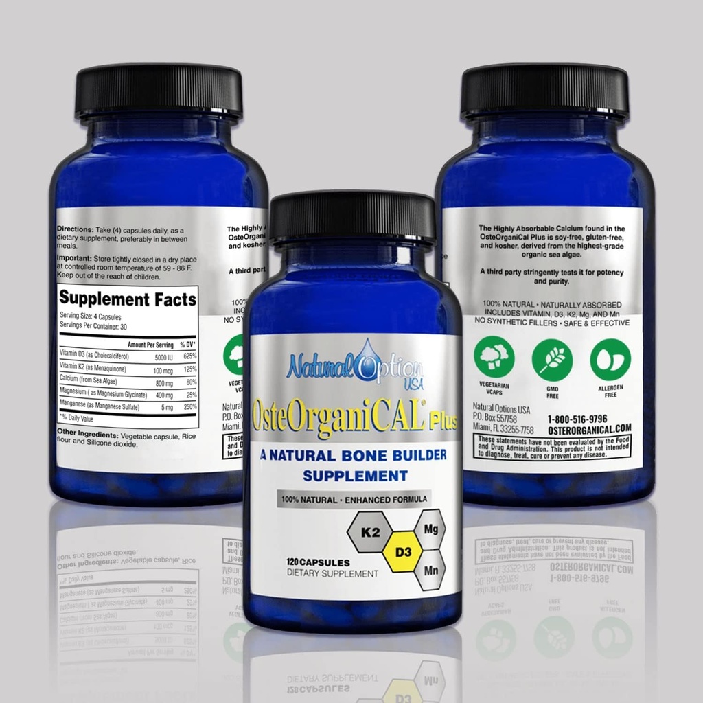 Plus - Organic Plant Base Kilde til Calciumtilskud med vitamin D3, k2, Magnesium Glycinat og Mangan (360 Greve) Pakke med 3 flasker