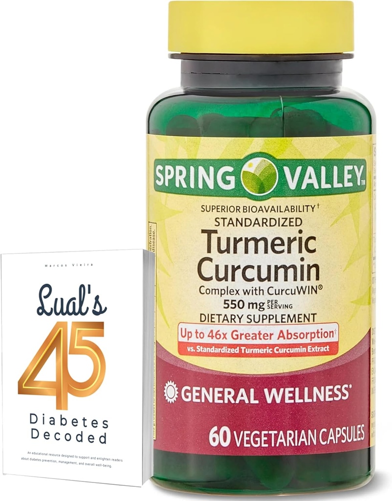 Spring Valley gurkemeje supplement Bundle med Louals 45 Diabetes Decoded • 124; Kompleks med CurcuWin • 124; Kosttilskud • 124; 550 mg, 60 kapsler