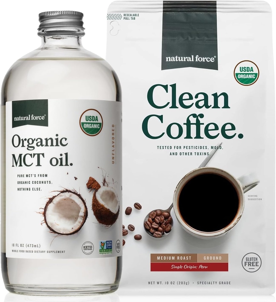 Natural Force Organic Ground Clean Coffee + Organic MCT Oil Bundle - 100% Pure Coconut MCT & Mold & Mycotoksin Free Coffee - Non-GMO, Keto, Paleo og Vegan - 10 Oz Bag og 16 Oz Glass Bottle