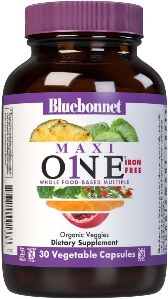 Bluebonnet Nutrition Maxi One Whole Food Multiple, Enzymes, Energy, Vitality, Gluten, Kosher, Soy & Dairy- Free, Vegetarisk Friendly, Non- GMO, 30 Greve
