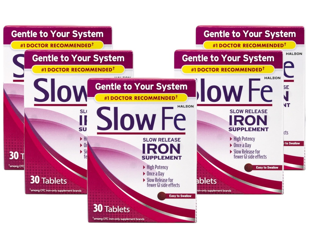 Slow Fe Slow Release Iron Supplement, High Potency, En gang om dagen, blid på System, 30 tabletter (pakke med 5)