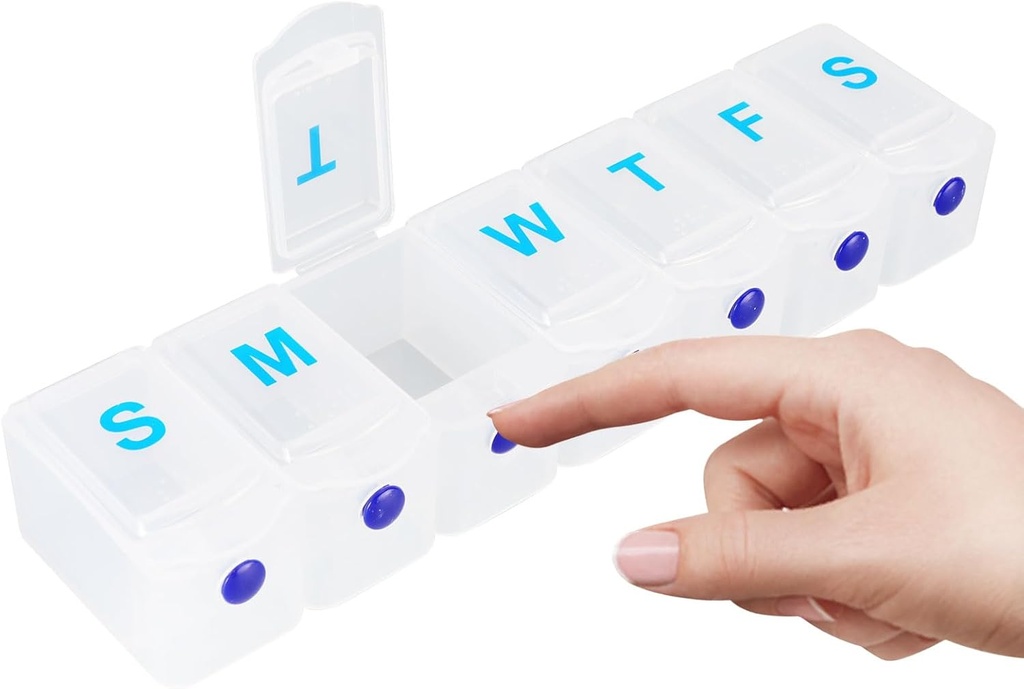 Ekstra Stor Ugentlig Pill Organizer 1 gang om dagen, Rejse Pill Box 7 dag, Bærbar Pill Case med trykknap, Daglig Pill Dispenser til Medicin Vitamin Fish Oil Kosttilskud