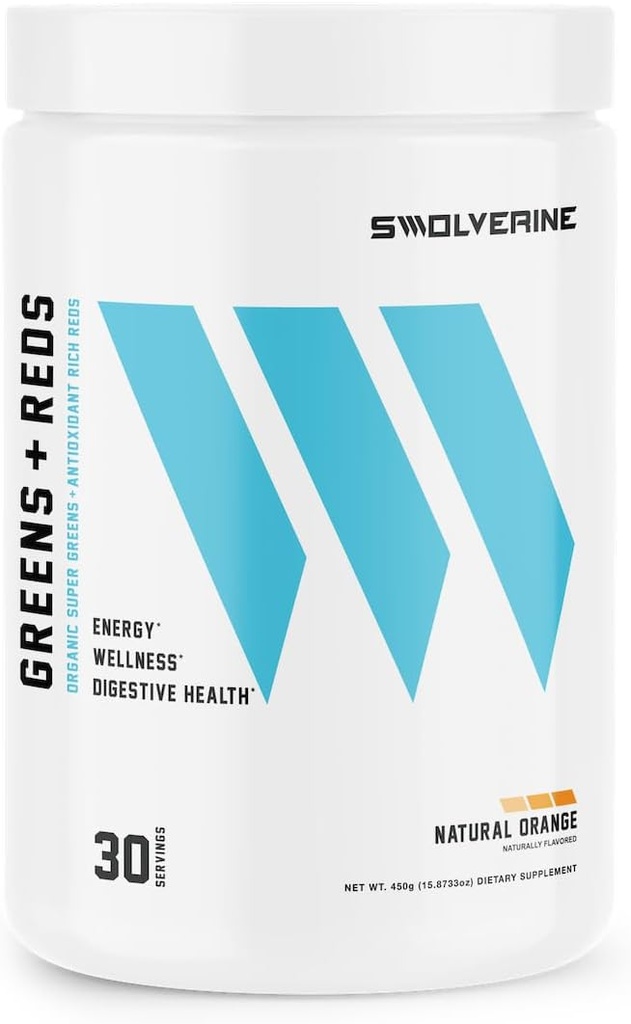 Swolverine Greens & Red; Super Greens og Red Powder med Spirulina, Chlorella, Hvede Græs, Pomegranat, Beet Root, Gurkemeje, Natural Orange Flavor (30 Servere)