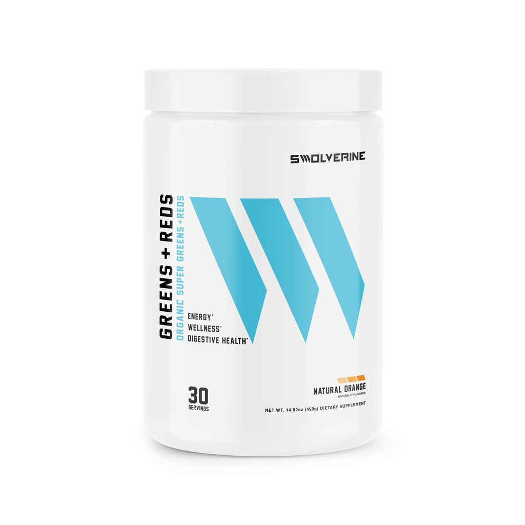 Swolverine Greens & Red; Super Greens og Red Powder med Spirulina, Chlorella, Hvede Græs, Pomegranat, Beet Root, Gurkemeje, Natural Orange Flavor (30 Servere)