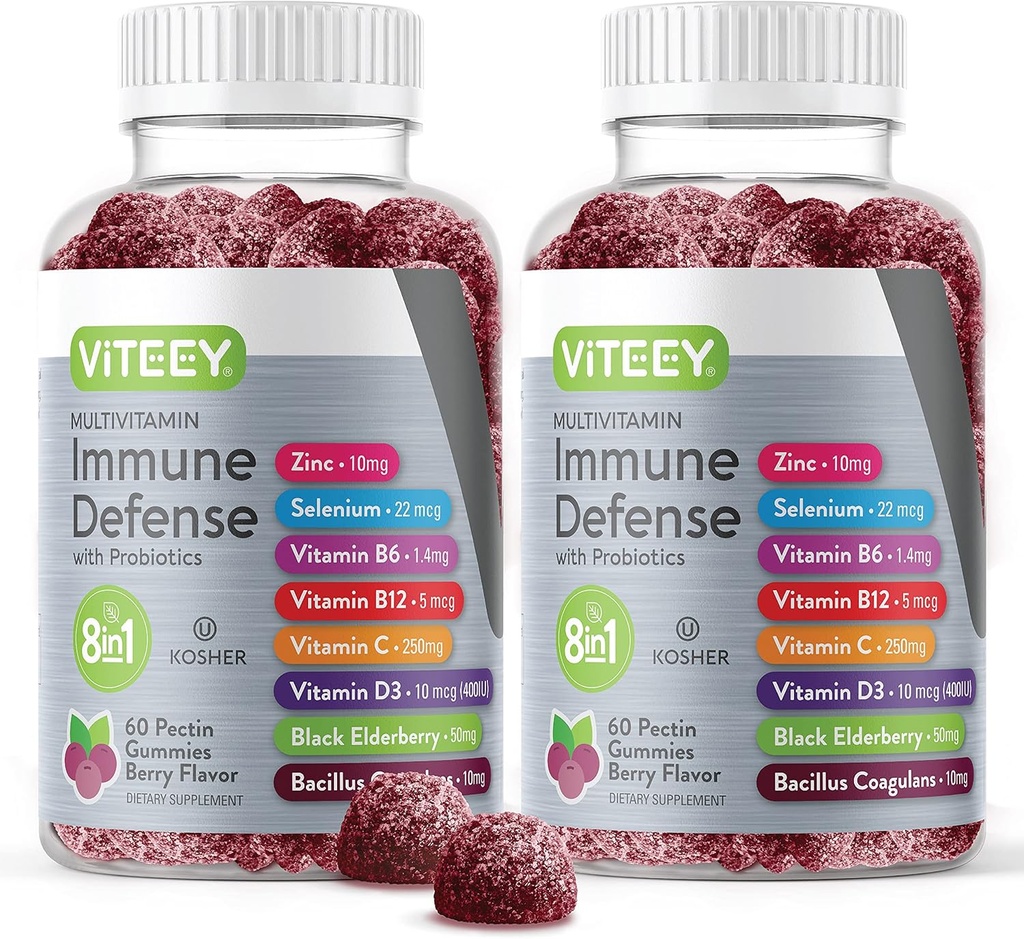 Viteey Multivitamin Gummies 8 i 1 immunstøtte supplement med Probiotika - Immunboostere for voksne & Teens - Vegetarisk, Gelatine fri, GMO fri - Chewable Berry Flavored Pectin immunforsvar