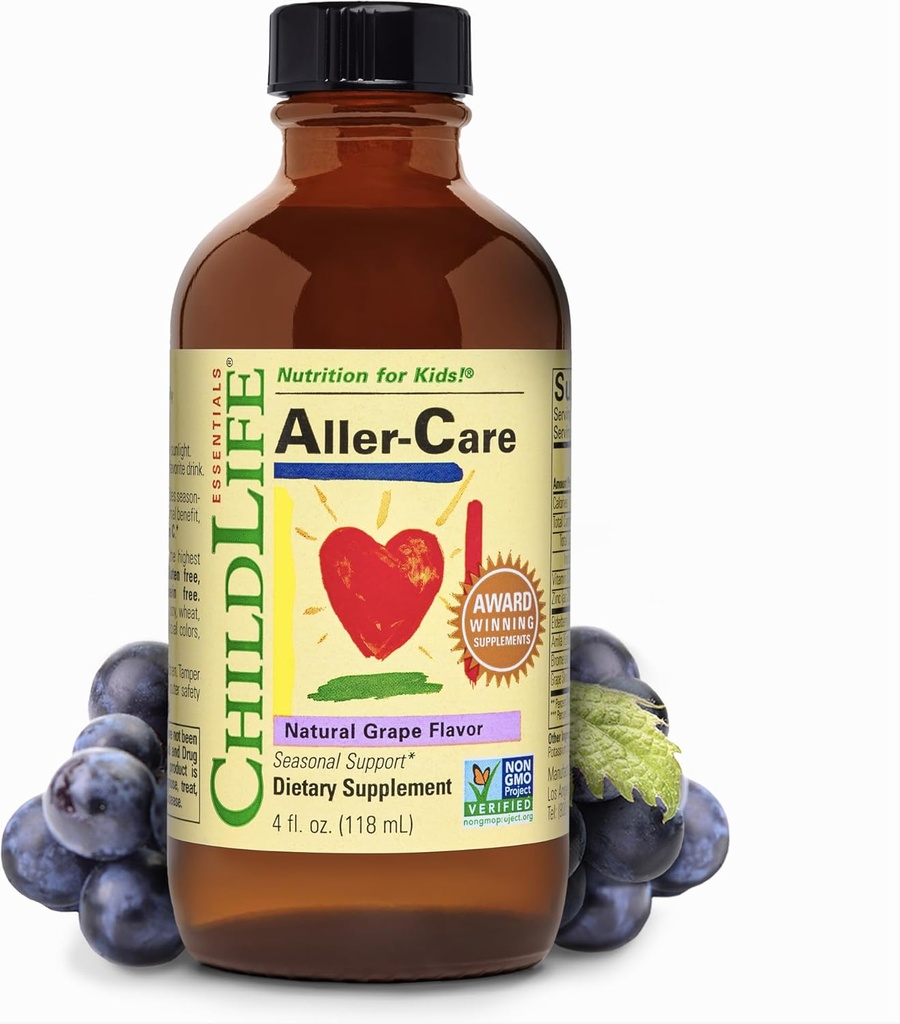 Børnehjem ESSENTIALS Aller- Natural Grape Relief for Kids & Toddlers, Sæsonstøtte med Elderberry, Bromelain, C-vitamin - immunboosting formel, 4 Fl Oz