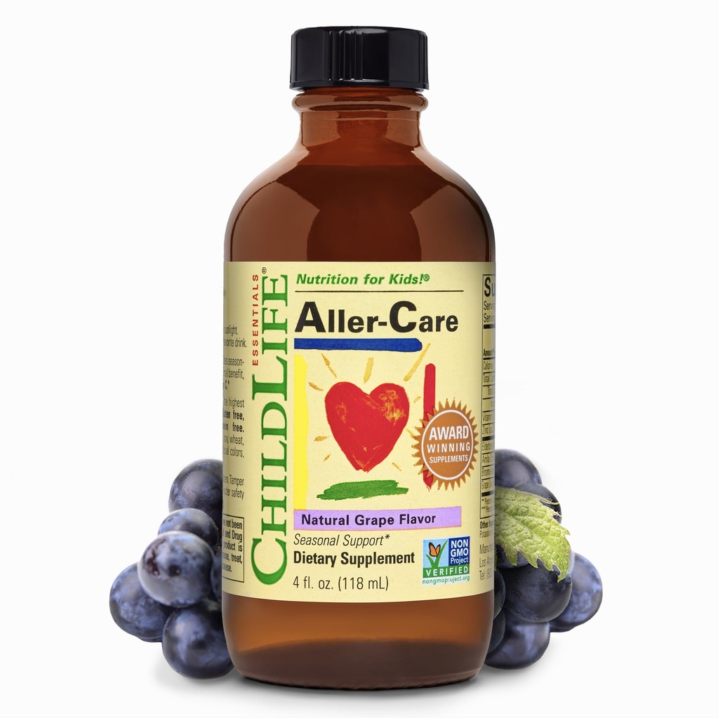 Børnehjem ESSENTIALS Aller- Natural Grape Relief for Kids & Toddlers, Sæsonstøtte med Elderberry, Bromelain, C-vitamin - immunboosting formel, 4 Fl Oz