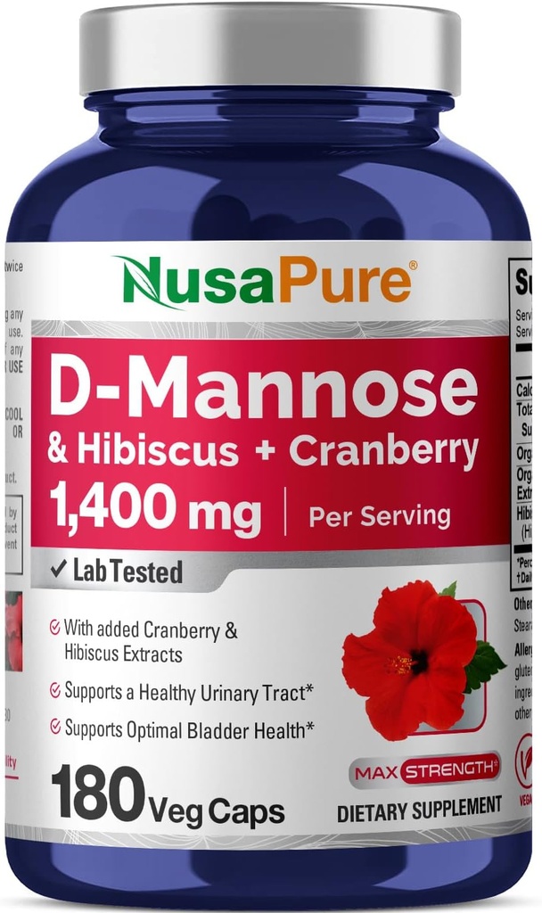 NusaPure D-Mannose Complex 1400 mg (with Hibiscus and Cranberry) - 180 Veggie Caps.