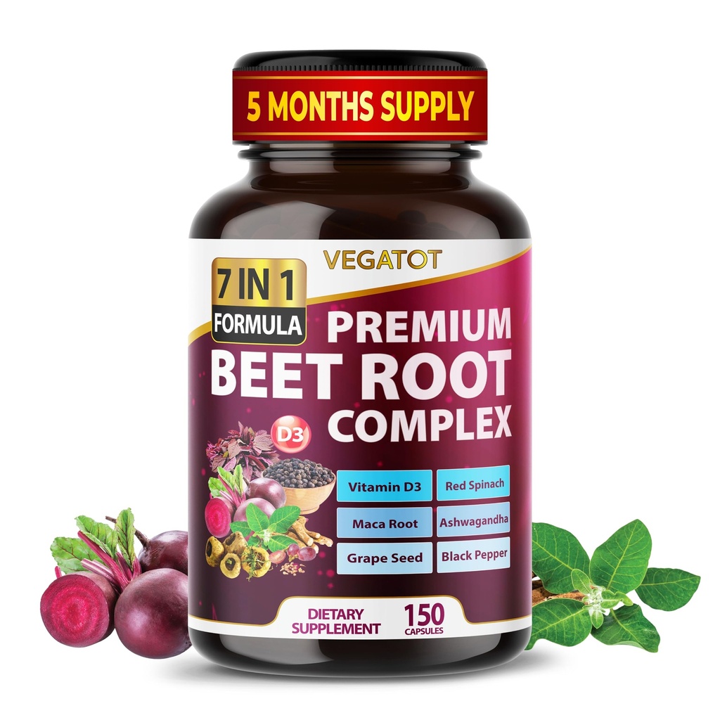 VEGATOT Beet Root * USA Made and Tested * Koncentreret med Ginseng Maca Root Ashwagandha - Energy Stamina immunforsvar (150 greve (pakke med 1))