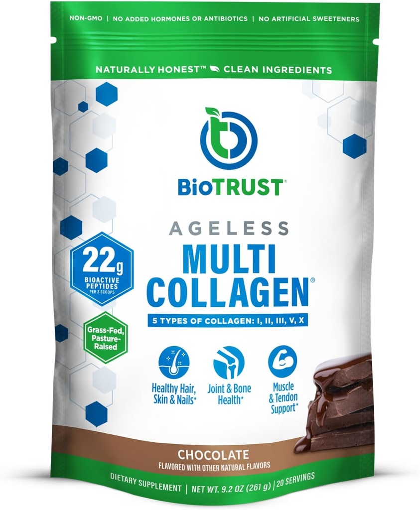 BioTrust Agueless Multi Collagen Peptider Powder - 5 typer (I, II, III, V, X) - Chokolade Collagen Powder til kvinder & mænd - Hydrolyzed Protein - Græs Fed Oksekød, fisk, kylling, Eggshell Membrane