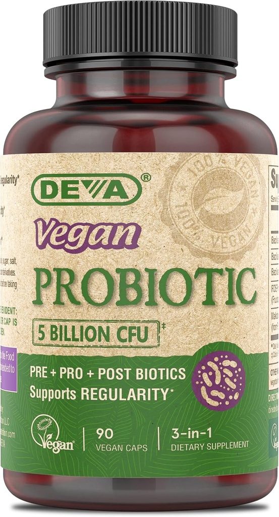 DEVA Vegansk Probiotisk tillæg - Pre, Pro, og Postbiotika til fordøjelse, 5 Millioner CFU, Soil-baseret, Spore- Forming, Dairy Free, FOS Prebiotics, for kvinder og mænd, Vegansk Kapsler, 90 Count