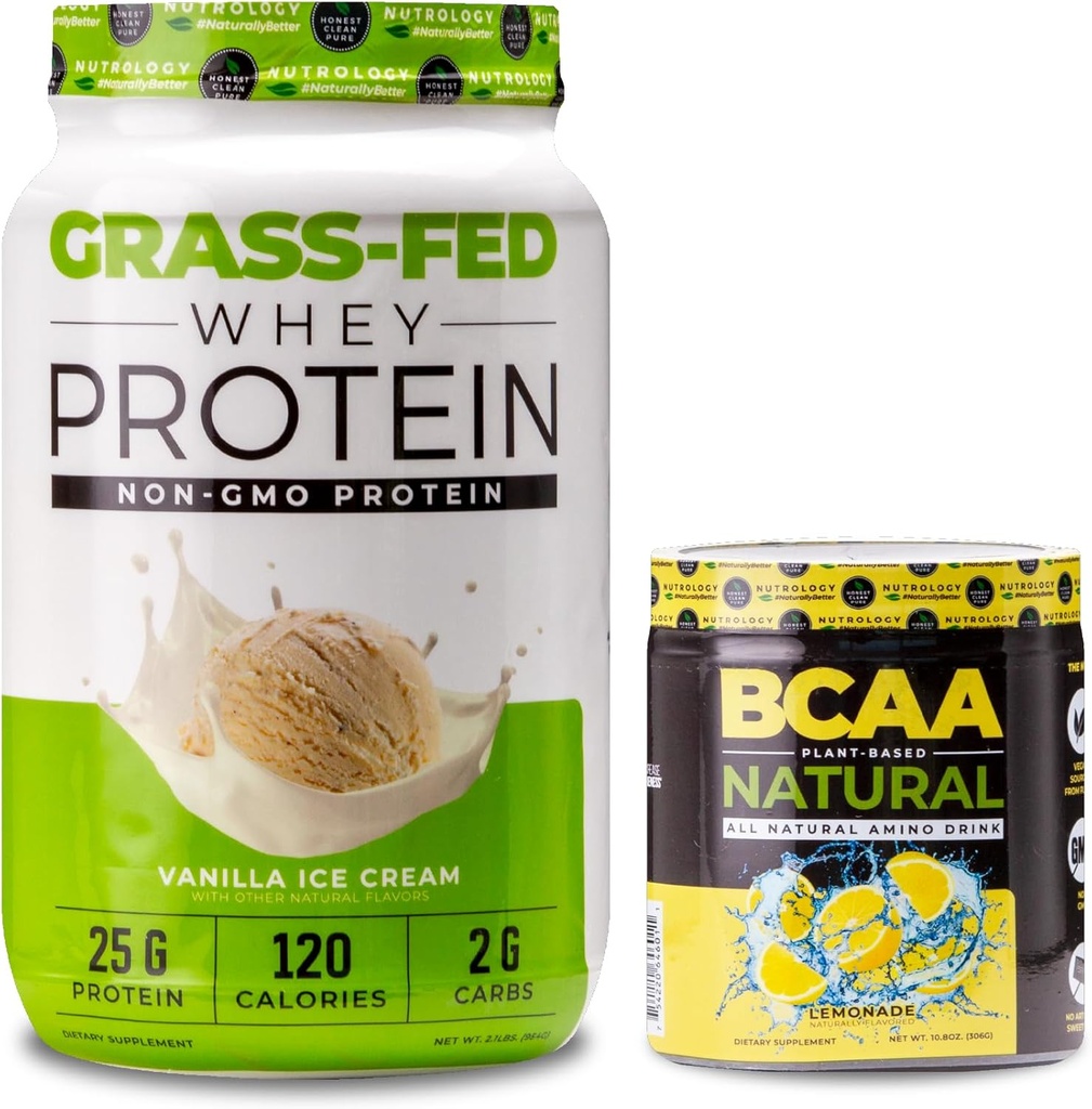 Nutrologi Græs Fed Whey Protein Powder, Understøtter Lean Muscle Recovery & Performance, Vanilla Ice Cream Flavor (28 Servere) BCAA Natural, Lemonade Flavor (30 Servere)