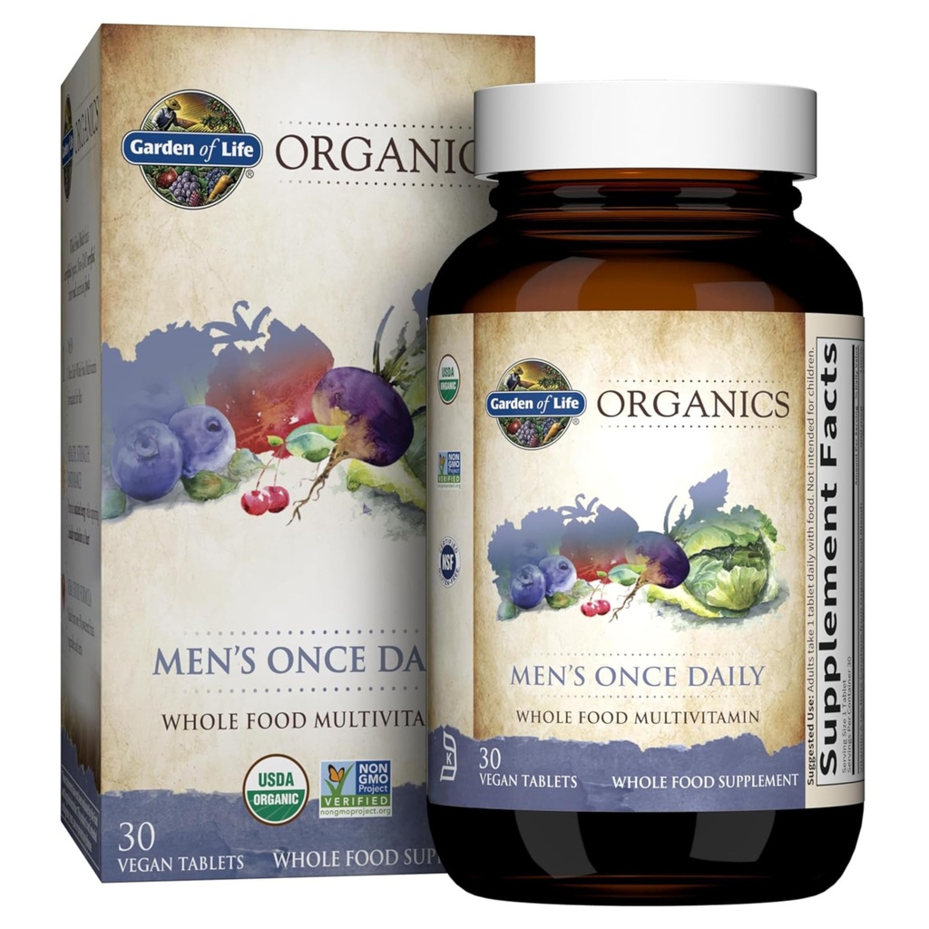 Livets have En gang Daglig Hel Mad Multivitamin til Mænd, Organiske Herre Vitamin & Mineraler, C-vitamin, Zink, Vegan, for Sundhed & Well- Being, 30 tabletter