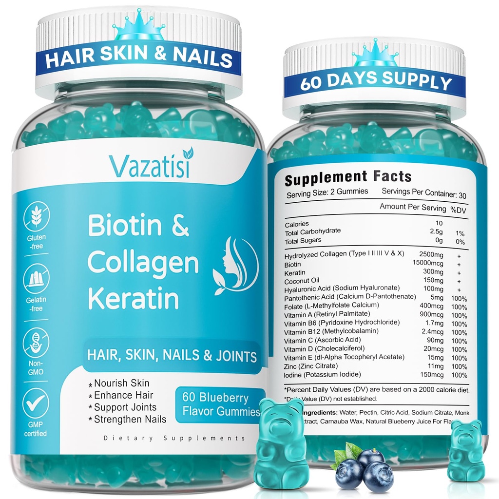 2 Pack Biotin Gummies med Collagen & Keratin til hår hud Nails- Kvinder Mænd, Børn - 120 Blåbær Tyggegummi