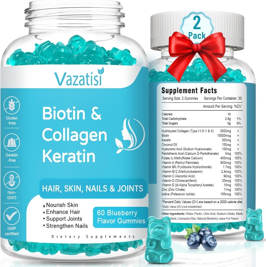 2 Pack Biotin Gummies med Collagen & Keratin til hår hud Nails- Kvinder Mænd, Børn - 120 Blåbær Tyggegummi