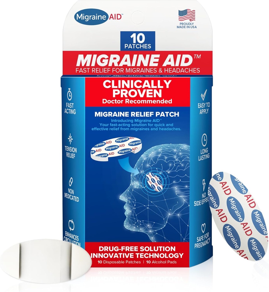 Migræne Aids Migræne Relief Patches - Hurtig fungerende, Ikke medicineret support til hovedspænding, Let at anvende Hovedpine Patches, Sikker til hverdagsbrug, 10 Disponible Migræne Patches, Lavet i USA