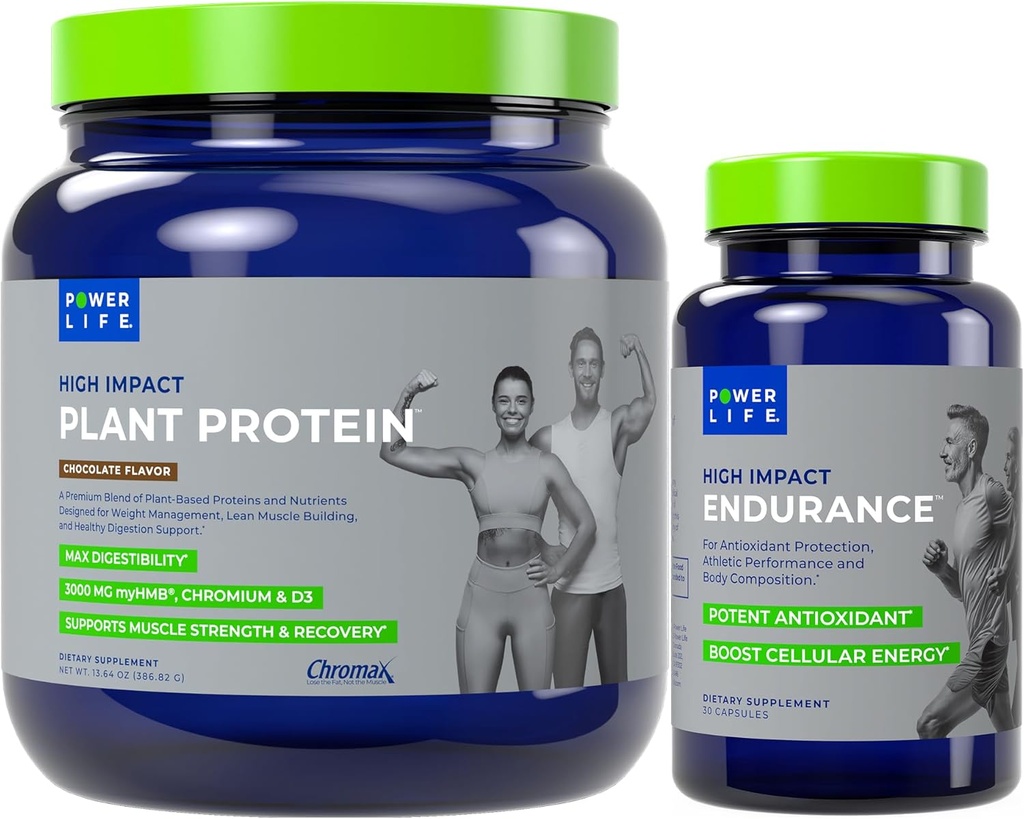 POWERLIFE High Impact Plant Protein (Chocolate - New Formel) med 3000 MG HMB, Ingen sukker tilføjet, Non- GMO High Impact Endurance
