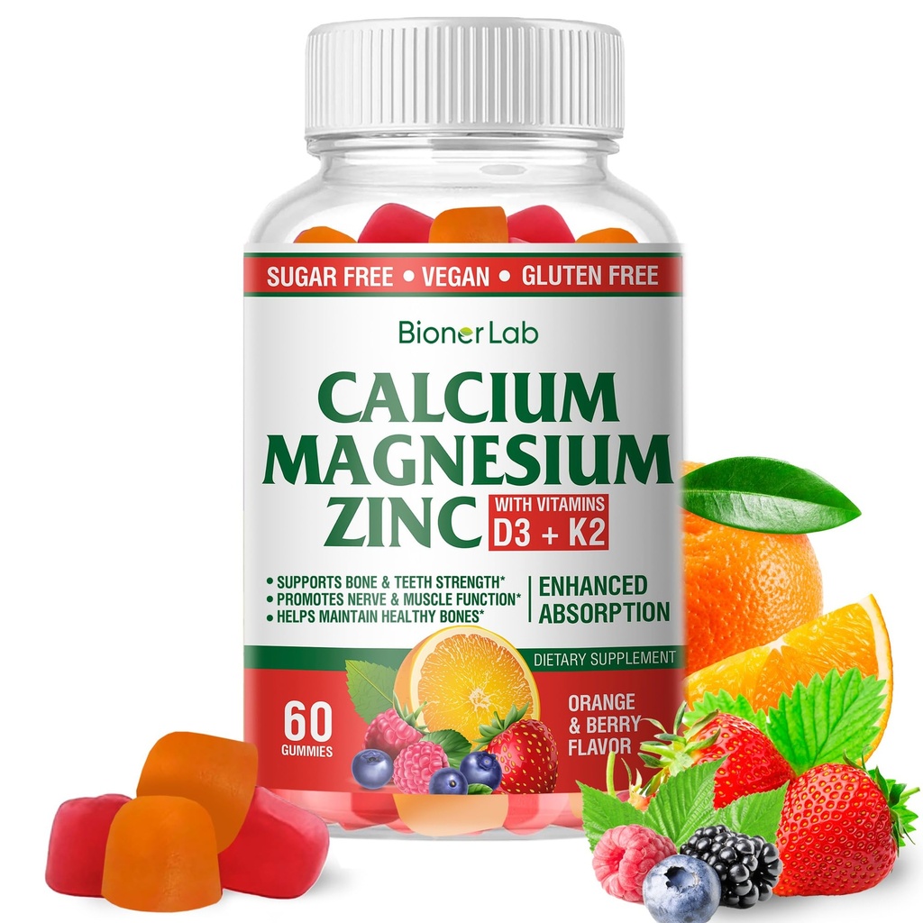 BionerLab Calcium Magnesium Zinkgummier med D3- og K2-vitamin - højpotens forbedret absorption - Orange og berry smag