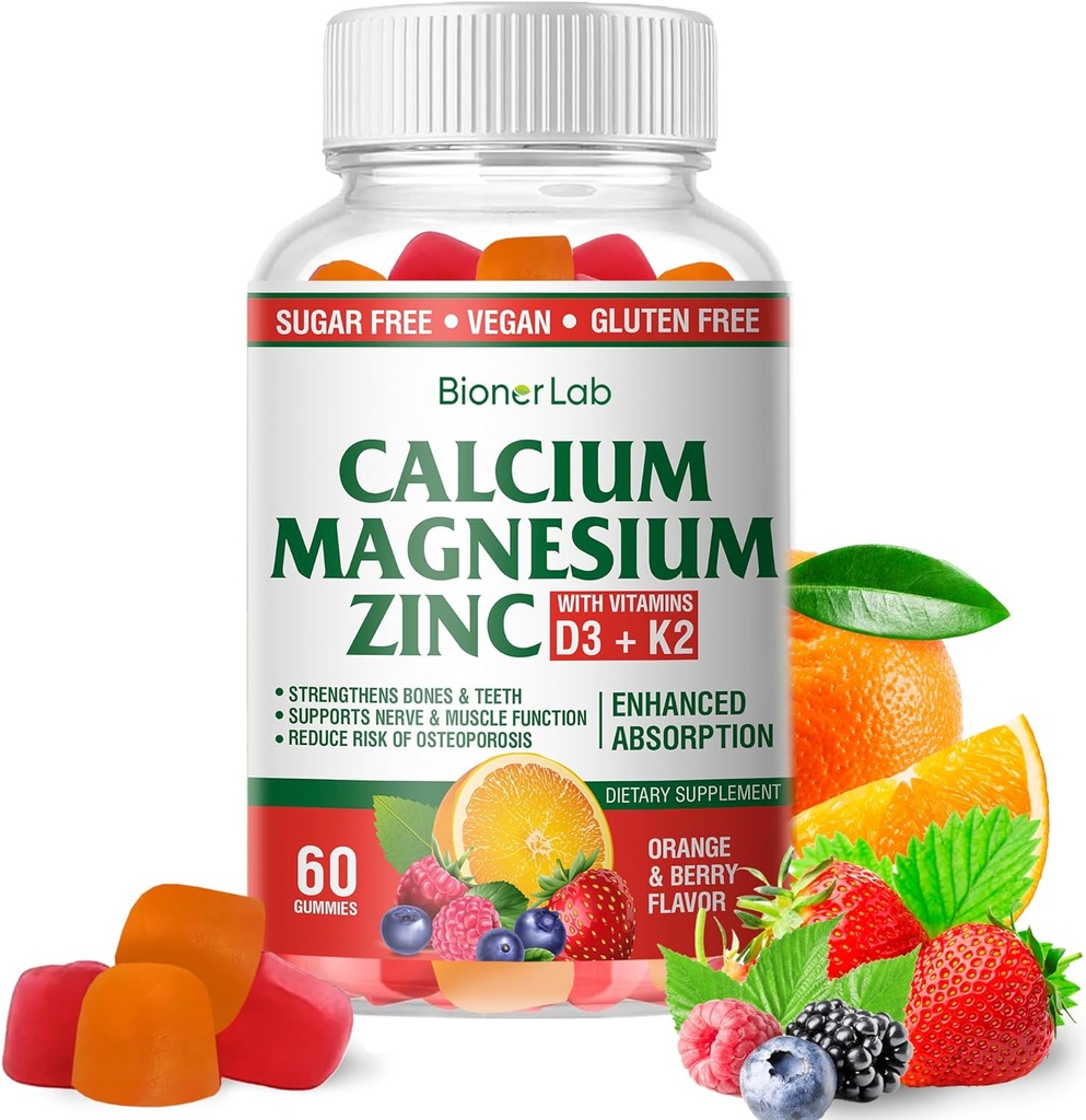 BionerLab Calcium Magnesium Zinkgummier med D3- og K2-vitamin - højpotens forbedret absorption - Orange og berry smag