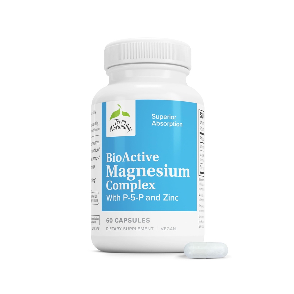 Terry naturligt BioActive Magnesium Complex - Bone & Heart Health Support - Supplement med vitamin B6, Zink & Magnesium - Pyridoxal- 5 - Phosphat Vegan Capsule Supplement - 60 Kapsler