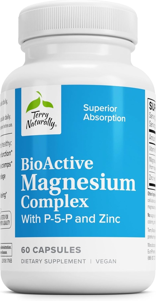 Terry naturligt BioActive Magnesium Complex - Bone & Heart Health Support - Supplement med vitamin B6, Zink & Magnesium - Pyridoxal- 5 - Phosphat Vegan Capsule Supplement - 60 Kapsler