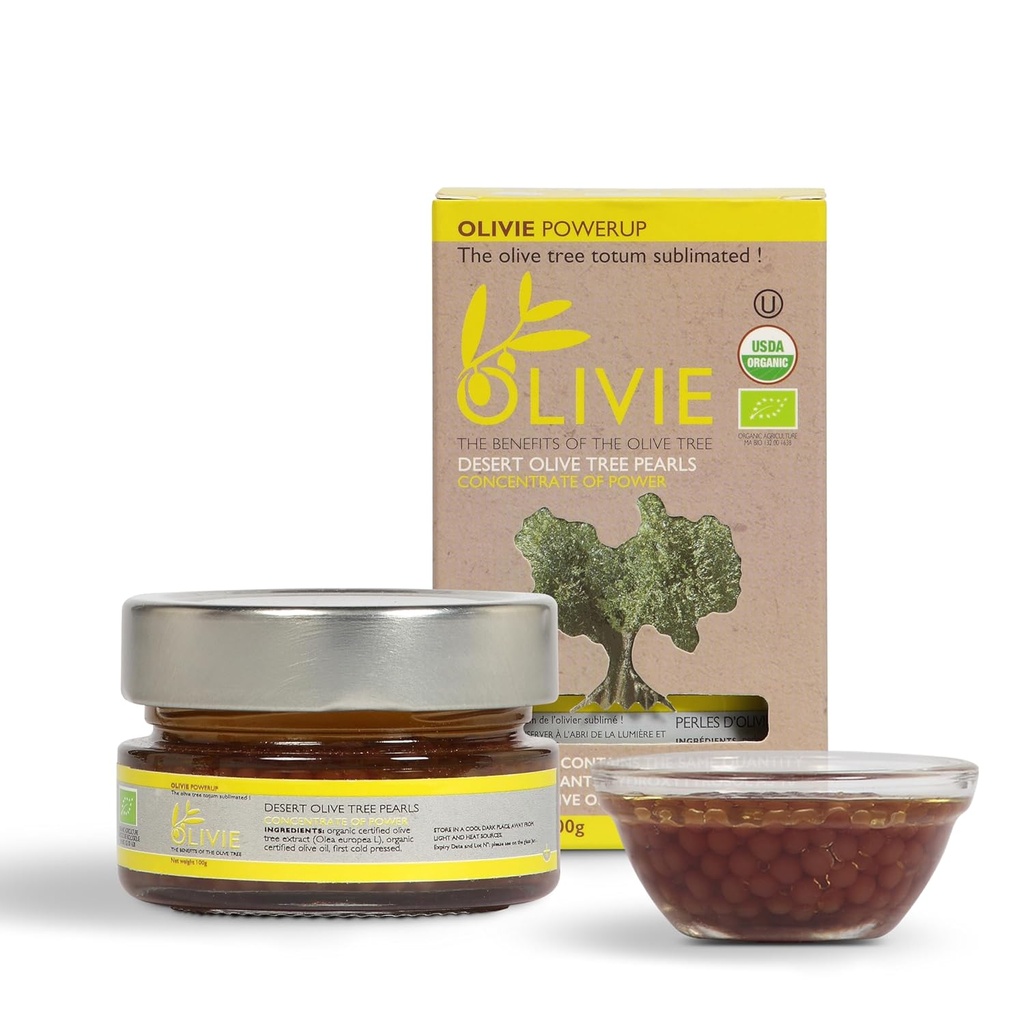 Organic Olive Leaf Extract Kapsler, PowerUp Pearls af OLIVIE, Hydroxytyrosol supplement, Antioxidant Polyphenoler, Immun & Brain Support, 100g