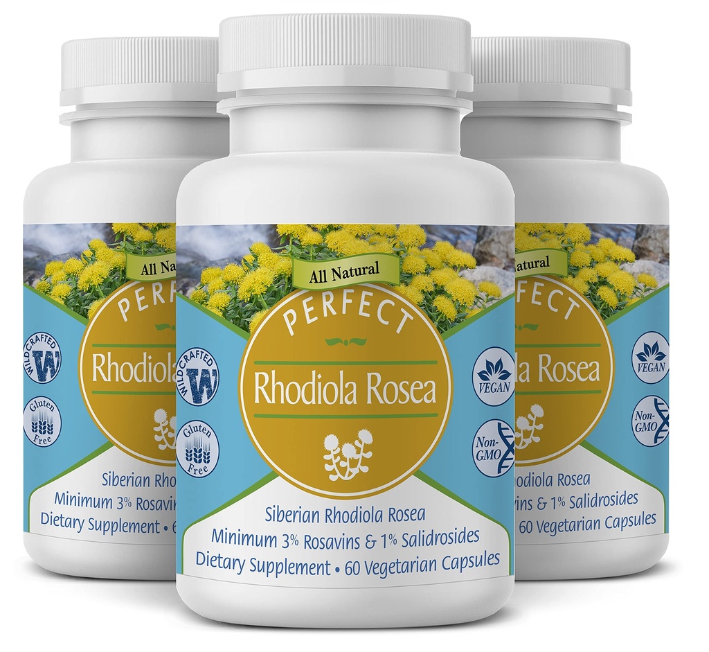 Perfect Supplements - Perfect Rhodiola Rosea - 60 kapsler - Natural Adaptogen supplement - Øger energi - Bedre fokus - 3 pakke