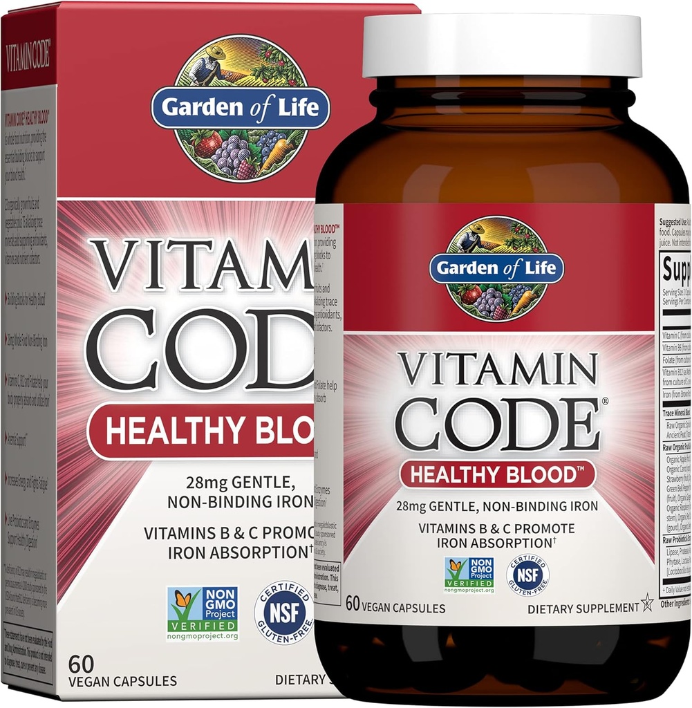 Livets Vitamin Code Sund Blod - Jern supplement til kvinder, 60 Veganske Kapsler, med Vitamin B, C, Trace Minerals, Fruit Veggies, Probiotika - for energi og anæmi Support