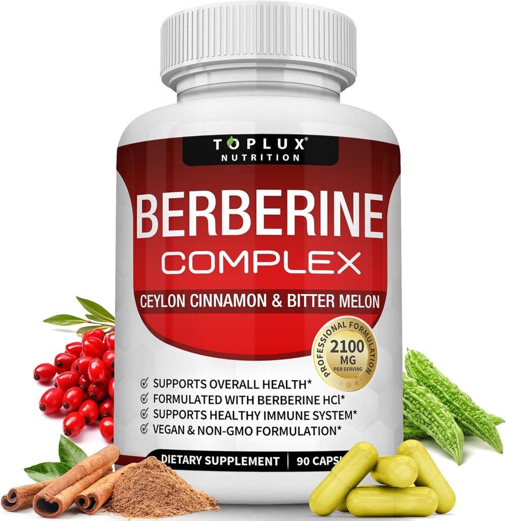 Toplux Berberine med Ceylon Cinnamon og Bitter Melon 2100mg - Høj renhed 97% HCL Berberine supplement, Understøtter total sundhed & immunsystem, Non- GMO Vegan 90 Kapsler