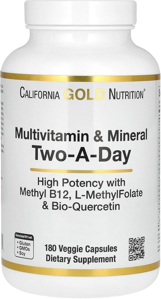 California Gold Nutrition Multivitamin og mineralsk med methyl B12, C-vitamin, L- methylFolate og Bio- Quercetin, Two-A- dag, 180 Veggie kapsler