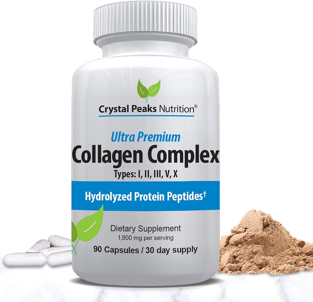 Collagen Peptid Pill - type I, II, III, V, X - Anti- Aging - Premium Collagen Kosttilskud & Collagen Pills - Hydrolyseret Proteinpiller til kvinder & mænd 1800 mg for ungdommelig hud