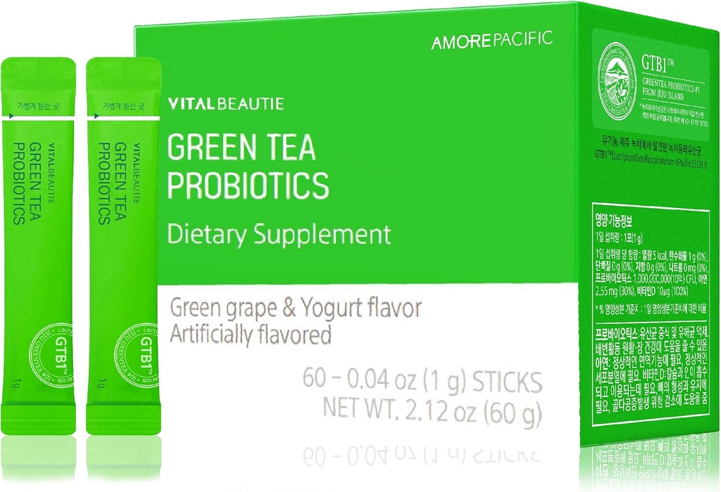 VITABEAUTIE Green Tea Probiotika (Plantesorket Probiotika) Indeholder D-vitamin og zink til Gut Health af AMOREPACIFIC Koreansk Acidophilus Probiotika - 60 sticks