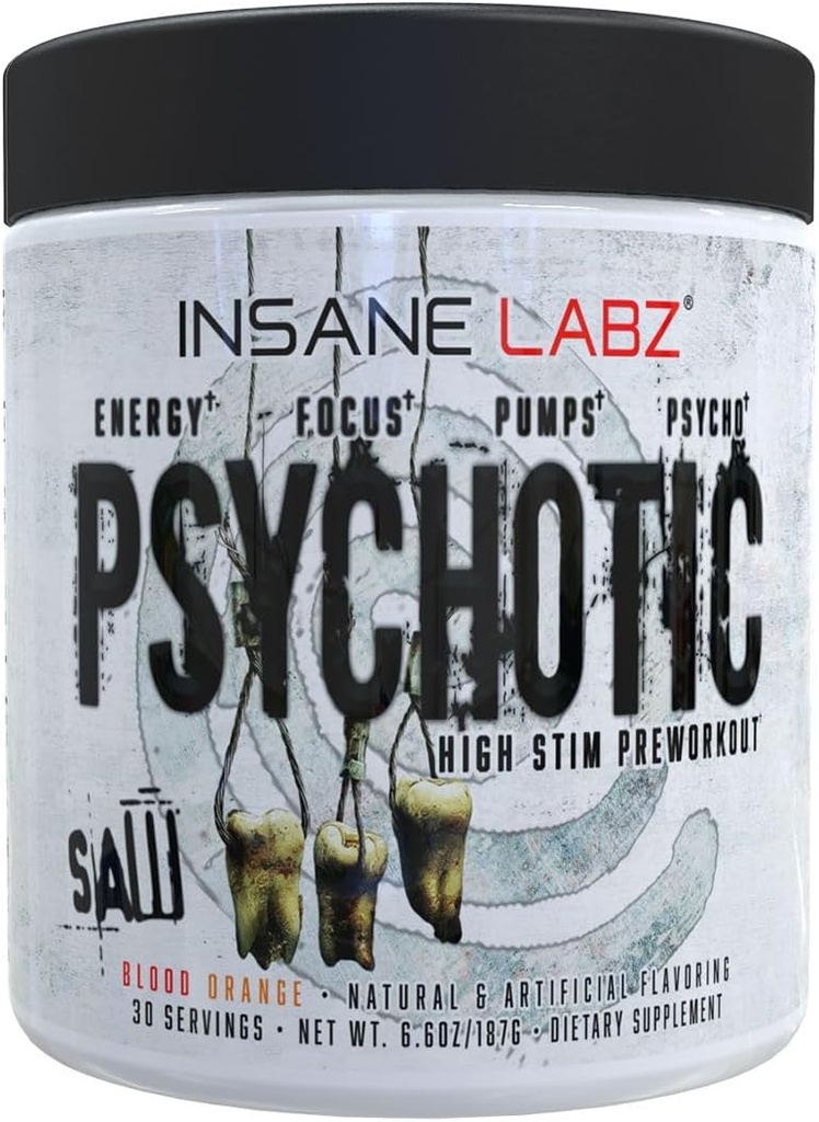 Insane Labz Psykotisk Sav, High Stim Pre Workout Pulver med OxyGold Buddy ™ og AMPiberry ®, Extreme Lasting Energy med Teacrine ®, Fokus med CognitIQ ® og Endurance med Beta Alanine, 30 Srvgs, Blood Orange