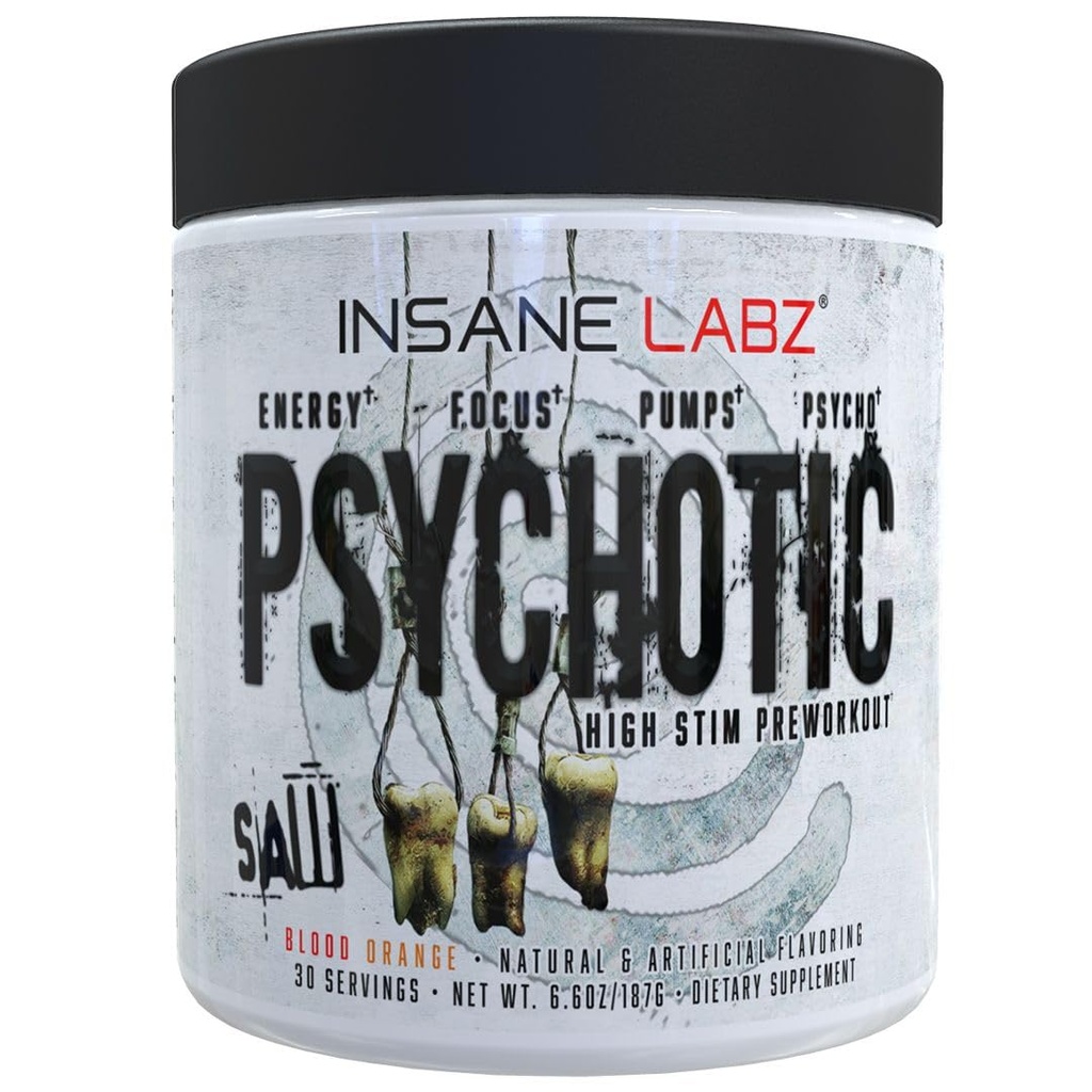 Insane Labz Psykotisk Sav, High Stim Pre Workout Pulver med OxyGold Buddy ™ og AMPiberry ®, Extreme Lasting Energy med Teacrine ®, Fokus med CognitIQ ® og Endurance med Beta Alanine, 30 Srvgs, Blood Orange