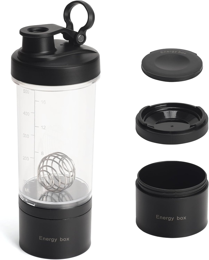 Blender Protein Shaker Tritan Flaske med Pill / Powder Storage Container til Protein-pre træning flaske-Mixer Cup-Gym Sport Vandflaske med Wire Whiske Bolde Sort
