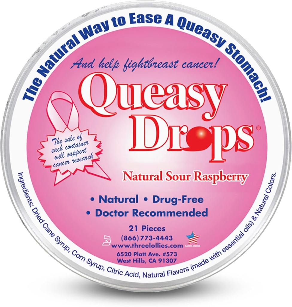 Tre Lollies Queasy Drops - Sour Raspberry Flavor - Rejse Sygdom & Kvalme Relief, Lindrer Mave & Tør mund, Naturlige Ingredienser - 21 ct