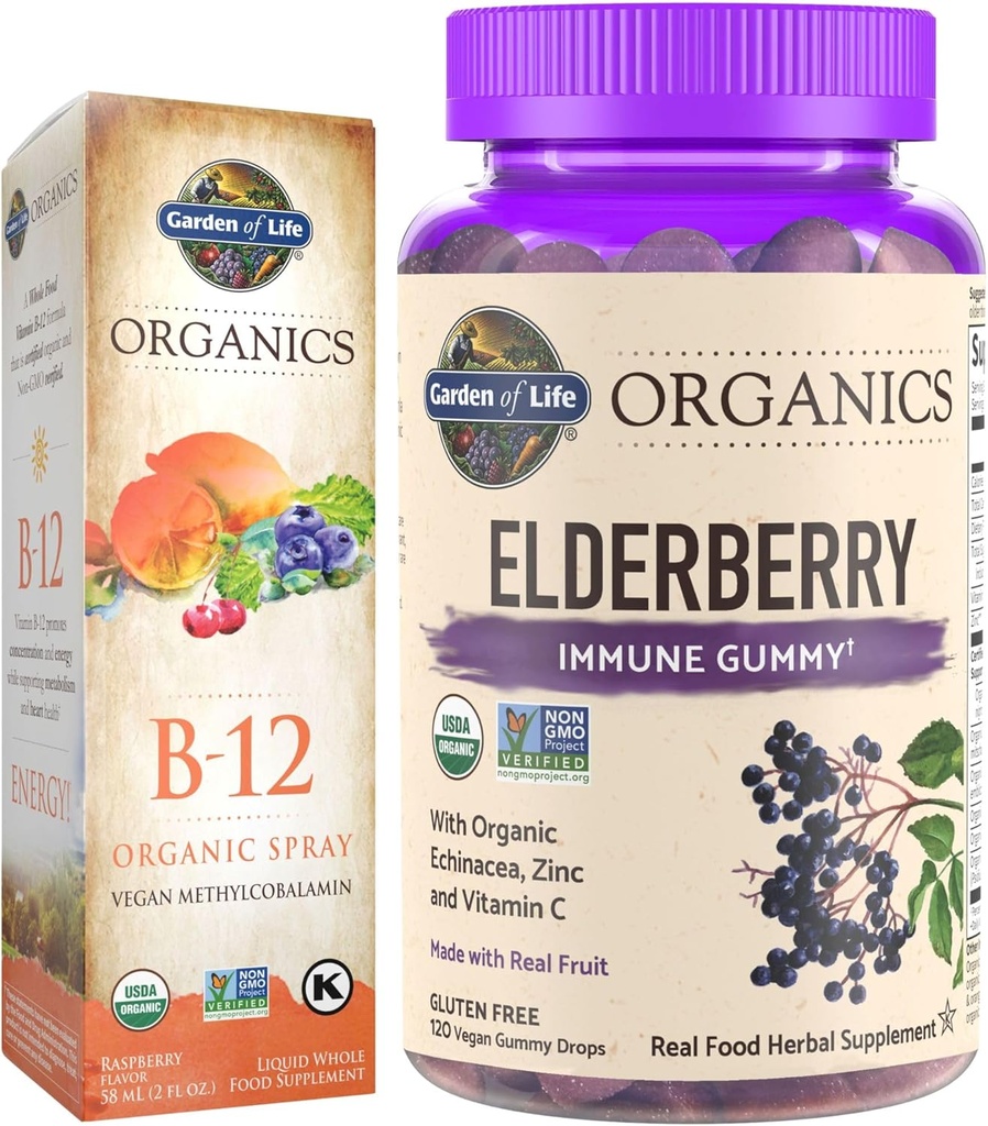Livets have Organics Elderberry Immungummies, 120 Greve & B12 Vitamin Hindbær Spray, 500mcg, 2oz