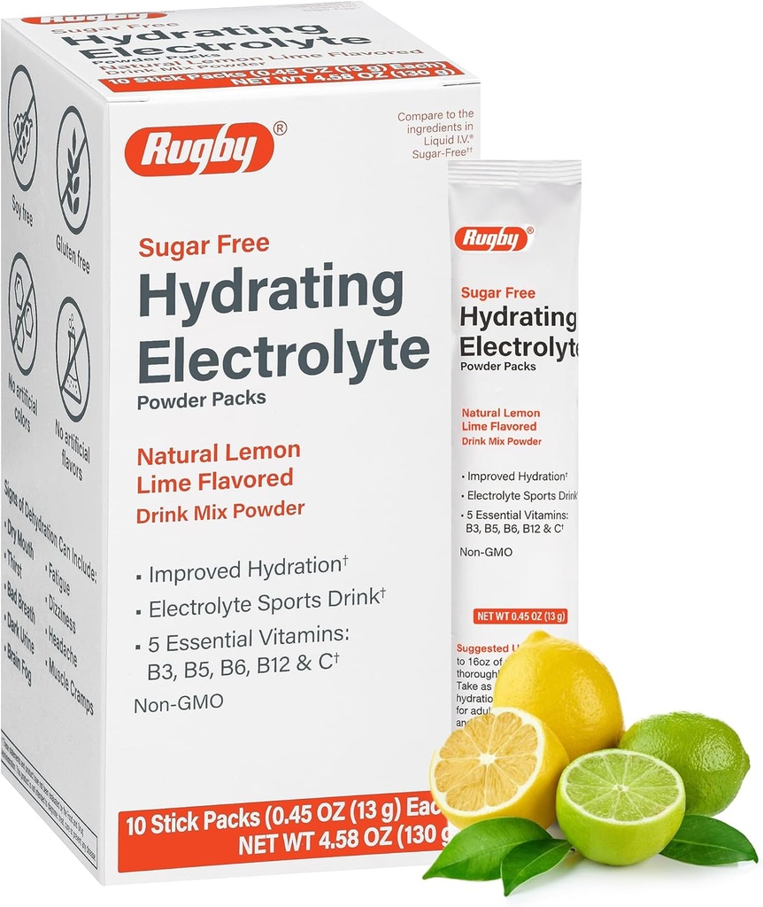 Rugby Sugar- Free Hydrating Electrolyte Powder Packs - Drink Mix Powder Packs with 5 Vitamin - Forbedret hydrering - Natural Lemon- Lime Flavor - 10 Stick Packs - 0,45 Oz Hver (1 pakke)