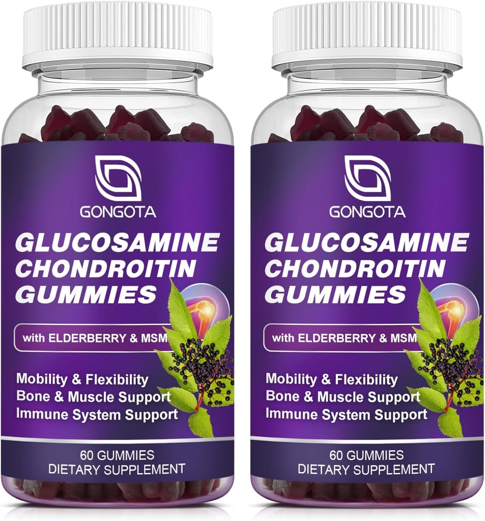 Glucosamin Chondroitin Gummies - 2- Pack, Extra Strength 1500mg Glucosamin med MSM & Elderberry, Fleksibilitetsunderstøttelse, bedste brusk & immunsupportsupplement til mænd og kvinder - 120 tæller