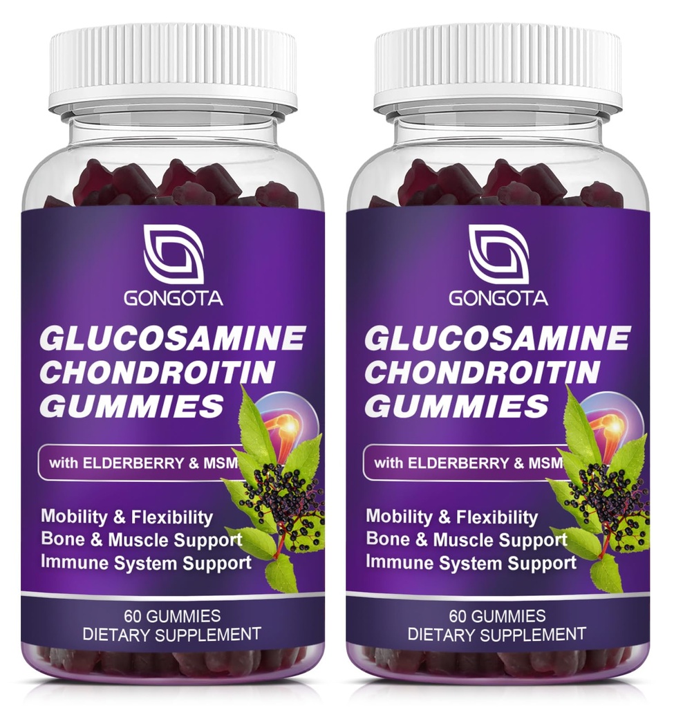 Glucosamin Chondroitin Gummies - 2- Pack, Extra Strength 1500mg Glucosamin med MSM & Elderberry, Fleksibilitetsunderstøttelse, bedste brusk & immunsupportsupplement til mænd og kvinder - 120 tæller