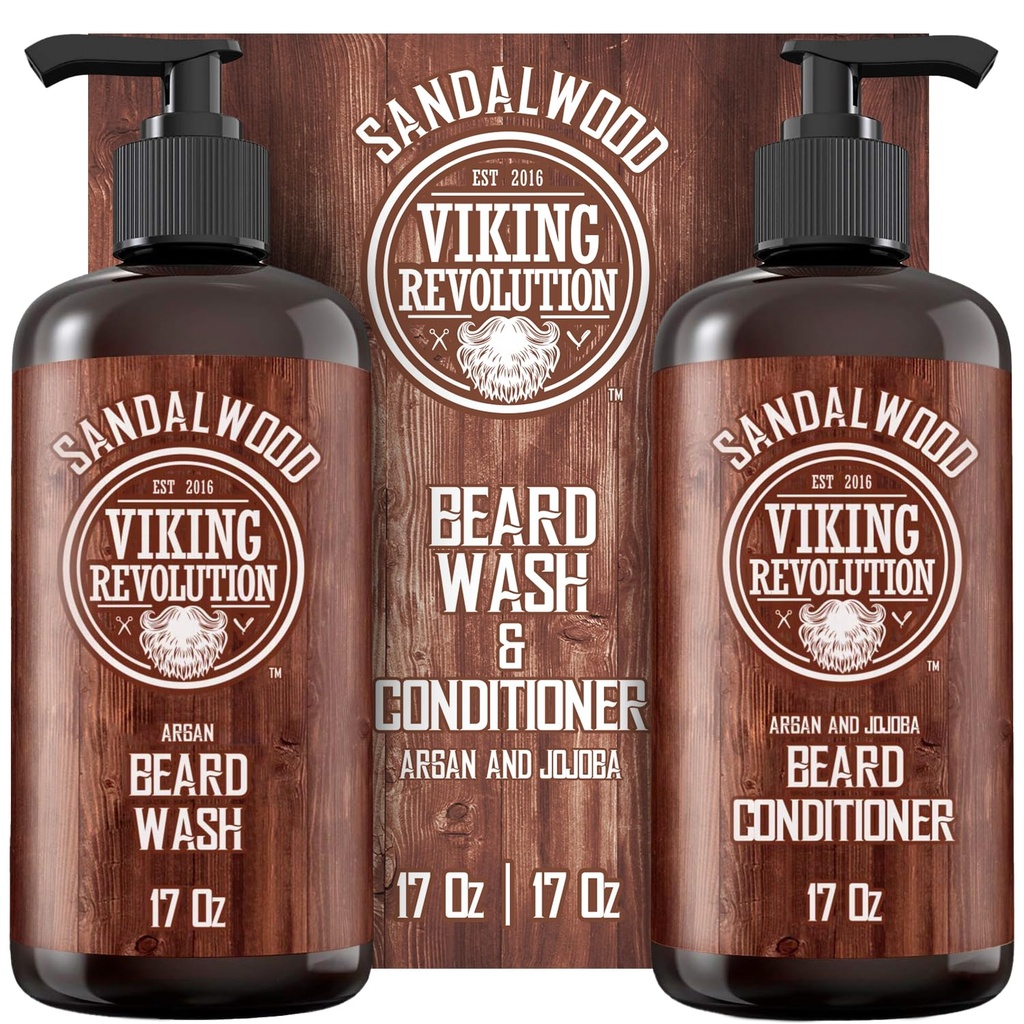 Viking Revolution Beard Wash & Beard Conditioner sæt med Argan & Jojoba Olies - Softens og Styrker - Natural Sandalwood Duft - Beard Shampoo med Beard Oil (17 oz)