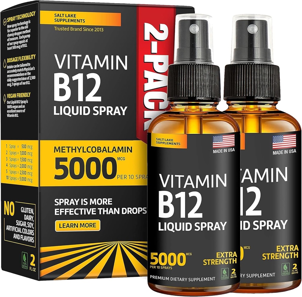 (2 Pack) - Flydende B12 Spray 5000 mcg - Vitamin B12 Sublingual - Vegan B12 Vitamin Spray - Methylcobalamin Vitamin B12 Flydende øger energi & mad - Gluten- Free & Non- GMO