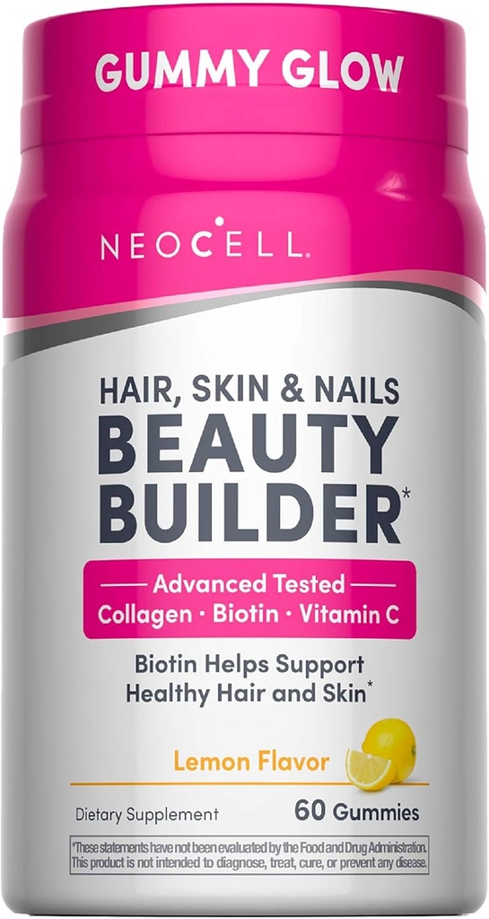 NeoCell Hair, Skin and Nails Beauty Builder With Collagen, Biotin and Vitamin C, Includes Antioxidants, Gummy, Lemon, 60 Count, 1 Bottle