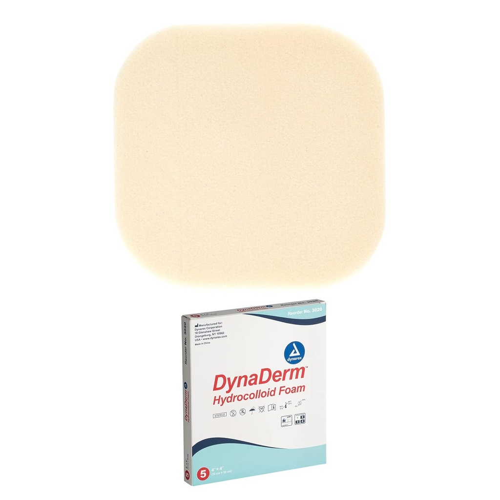 Dynarex DynaDerm Hydrocolloid Dressings, Steril fugtige bandager brugt til alle slags sår, 4 "x 4", Foam & Latex- Free, Peel- Down Patches - 1 Box med 5 Dressings