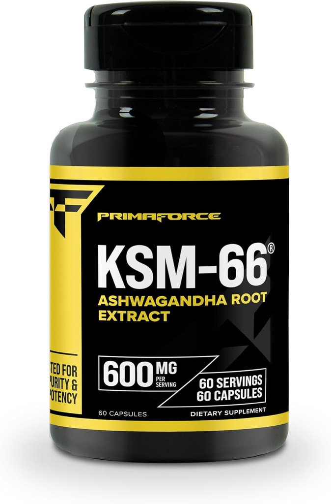 Primaforce KSM- 66 Ashwagandha Root Extract (600 mg) 60 Veggie Capsules - 5% Withanolides with BioPerine